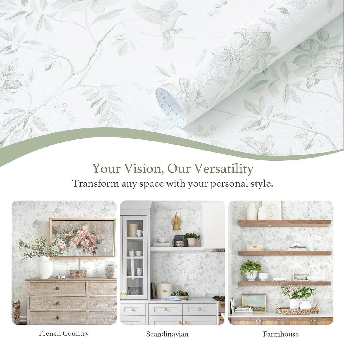 Dimoon 17.3''x78.7'' Green Peel and Stick Wallpaper Floral Modern Sage Light Green Contact Paper White Bird Wallpaper Removable Renter Friendly Waterproof Embossed Kitchen Bedroom Bathroom Vinyl Roll