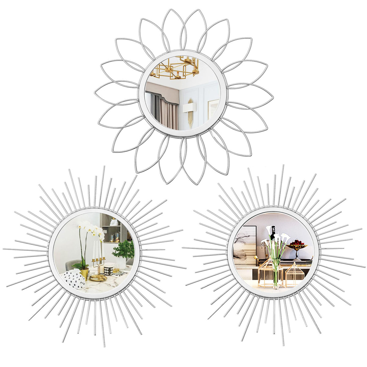 3 Pack Metal Mirrors for Wall Sunburst Wall Mirrors Home Décor Decorative Hanging Wall Art for Living Room Bedroom Entryway (Gold, Flower+Sunburst)