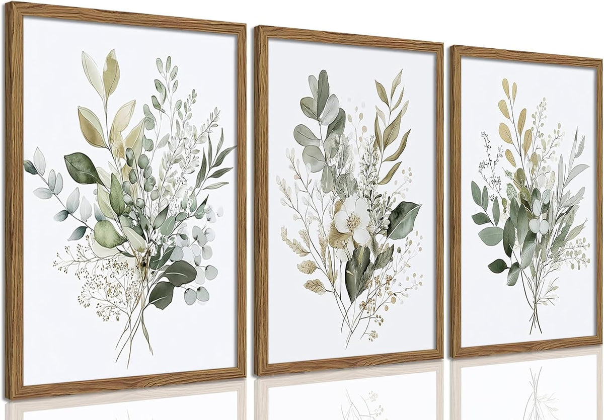tgguytiy Sage Green Botanical Wall Art Set of 3, Eucalyptus Leaf Boho Plant Posters for Bedroom Living Room Bathroom Decor, 12x16 Inch Unframed Prints