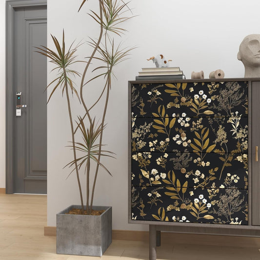 Laatse Vintage Floral Peel and Stick Wallpaper 17.5"x 393", Gold Black