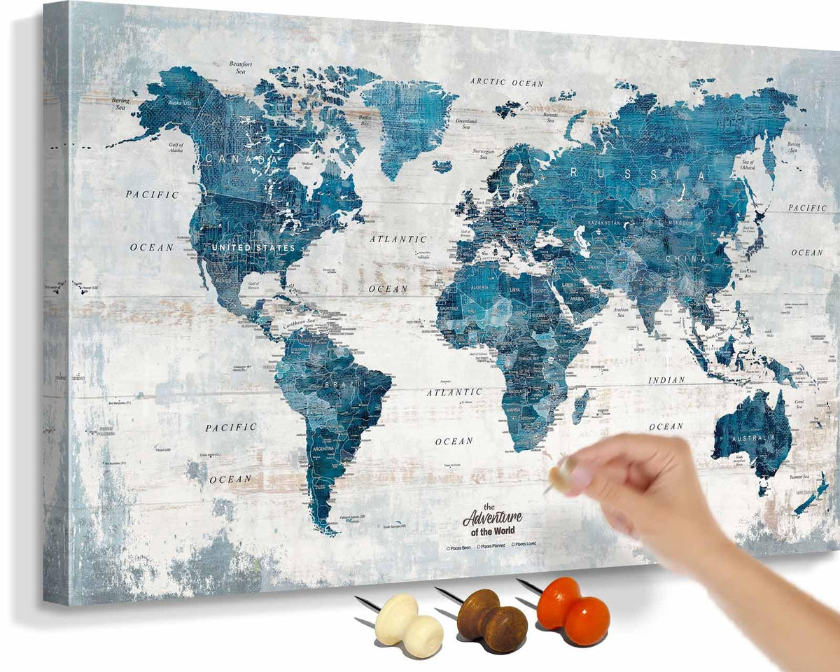 Office Artwork Map of the World Push Pin Board Travel Map Blue Pictures