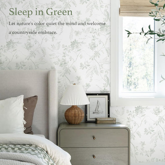 Dimoon 17.3''x78.7'' Green Peel and Stick Wallpaper Floral Modern Sage Light Green Contact Paper White Bird Wallpaper Removable Renter Friendly Waterproof Embossed Kitchen Bedroom Bathroom Vinyl Roll