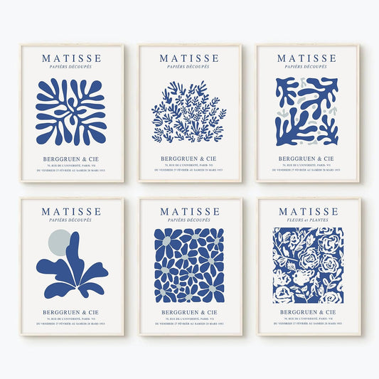 Blue Matisse Wall Art Prints Set of 6 Abstract Aesthetic Canvas Decor Trendy Henri Matisse Wall Art Poster Navy Blue Artwork Flower Market Minimalist Pictures for Room Bedroom 8x10 Inch Unframed