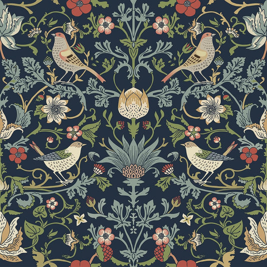 FunStick 17.5"x354" Dark Blue William Morris Wallpaper Vintage Antique Leaves Birds Floral Peel and Stick Wallpaper for Bedroom Kitchen Renter Friendly Flower Wall Paper Removable Blue Contact Paper
