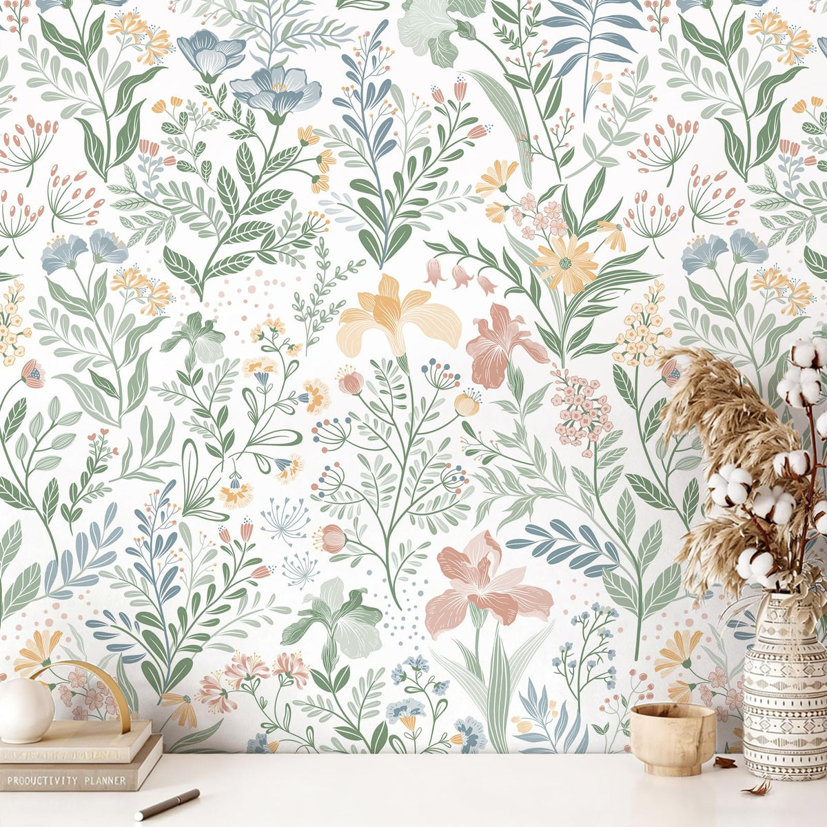 Fititem Floral Peel and Stick Wallpaper Boho Modern Wall Paper 17.3”×393”