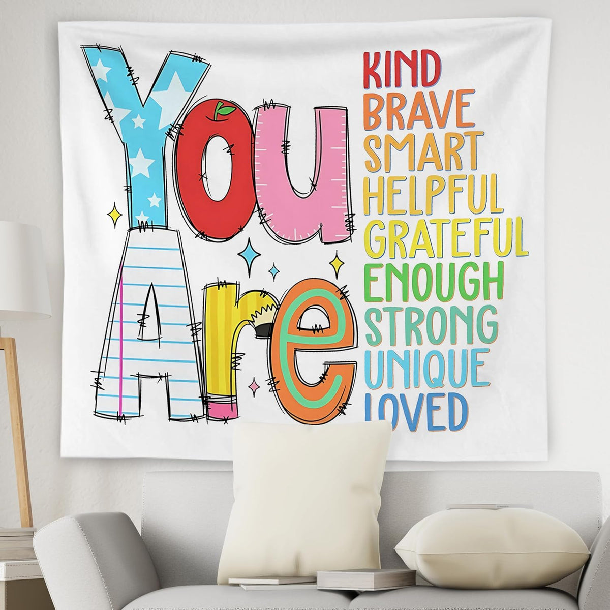 WNAGT Positive Affirmations for Kids Tapestry Wall Hanging, Kids Affirmation Wall Decor, You Are Kind Brave Smart Inspirational Wall Blanket Decor for Kid Room Classroom Nursery Playroom, 50x60 Inch