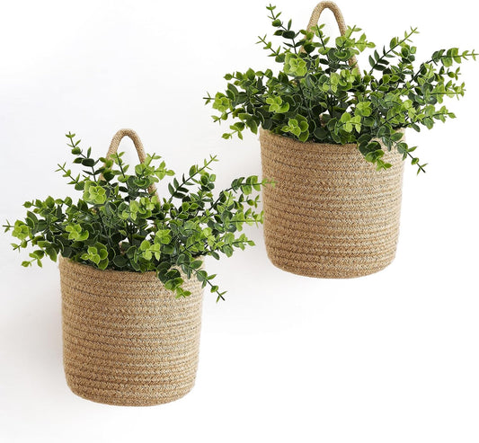 Dahey 2 Pack Woven Hanging Wall Basket 6.5"W×7"H with Artificial Eucalyptus
