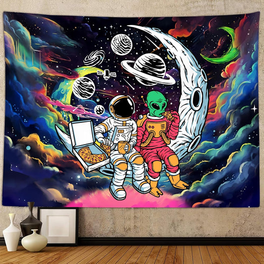 Sanzugh Funny Space Astronaut Alien Tapestry for Men Guys Bedroom, Cool Trippy Universe Planet Art Tapestries Wall Hanging College Dorm Boys Room Decor 60"X40", Psychedelic Blacklight Galaxy Poster