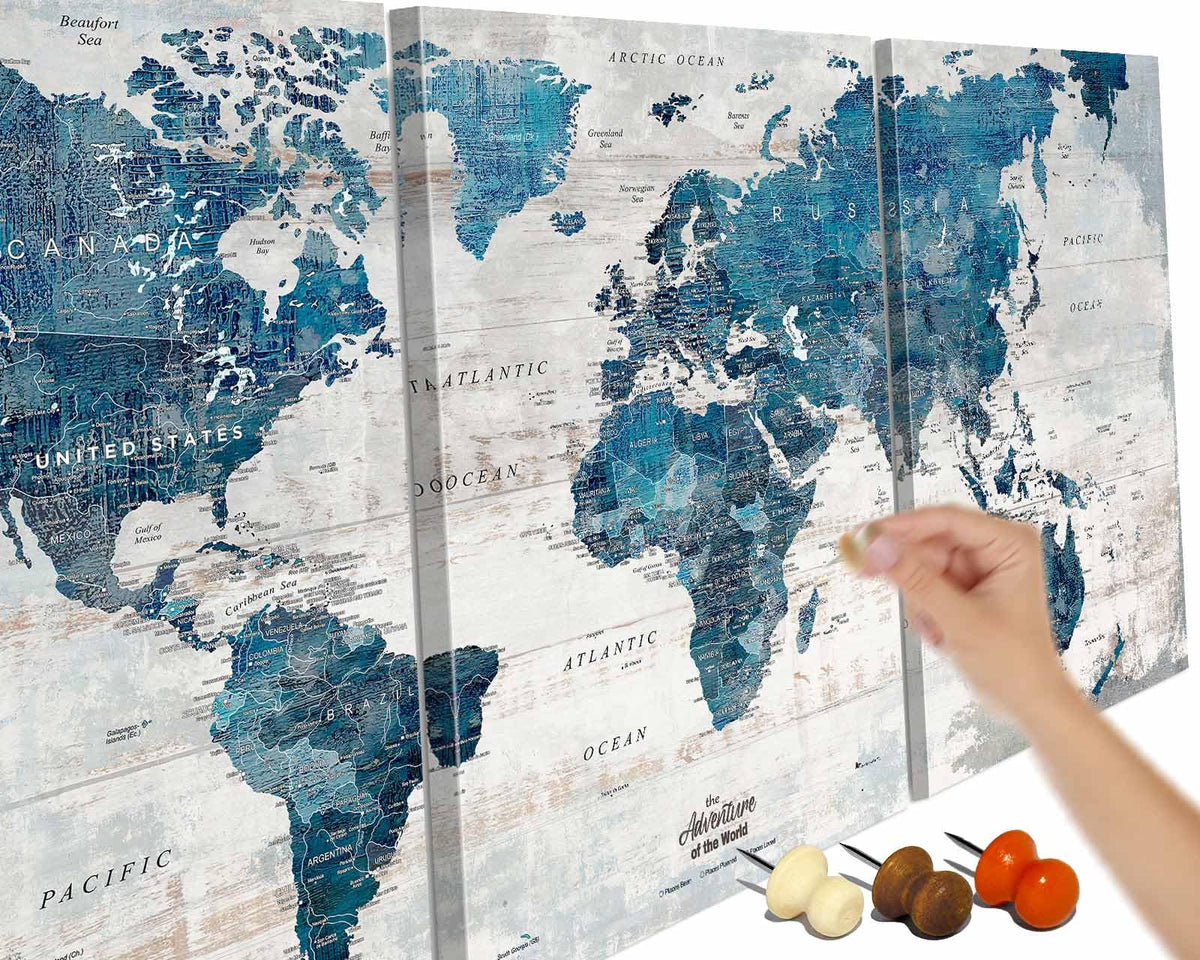 Office Artwork Map of the World Push Pin Board Travel Map Blue Pictures