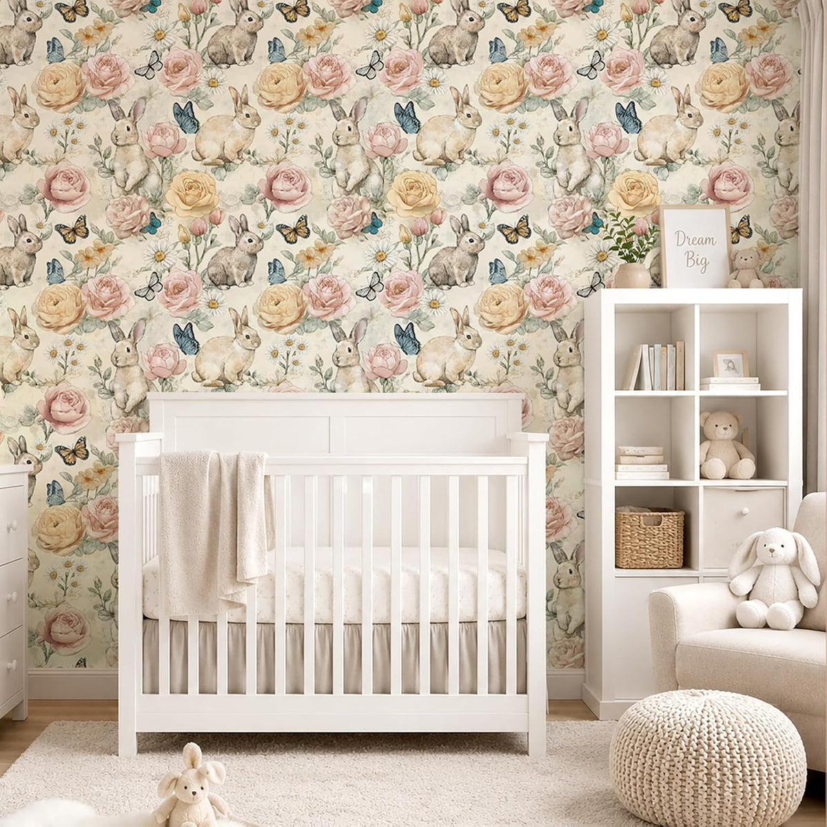 VaryStyle Bunny Floral Wallpaper Peel and Stick Vintage Beige, 17.7"x118"