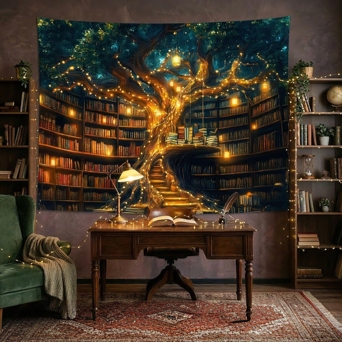 GOAOK Fantasy Library Tapestry For Classroom, Mysterious Tree Magic Bookshelf Aesthetic Tapestries, Witchy Fairytale Tree Vintage Bookshelf Book Art Tapestry Wall Hanging College Room Bedroom, 60"X40"