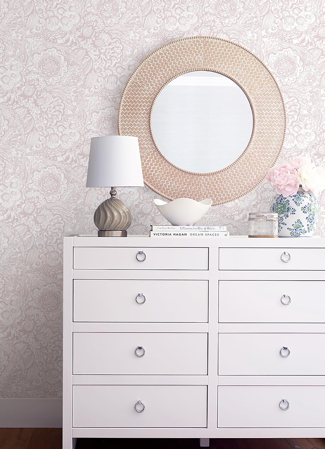 Peel and Stick Wallpaper Boho Pink and White Floral Wallpaper for Bedroom Bathroom Removable Self-adhsive Contact Paper for Cabinets Nursery Shelf Liner 17.3" x 394"
