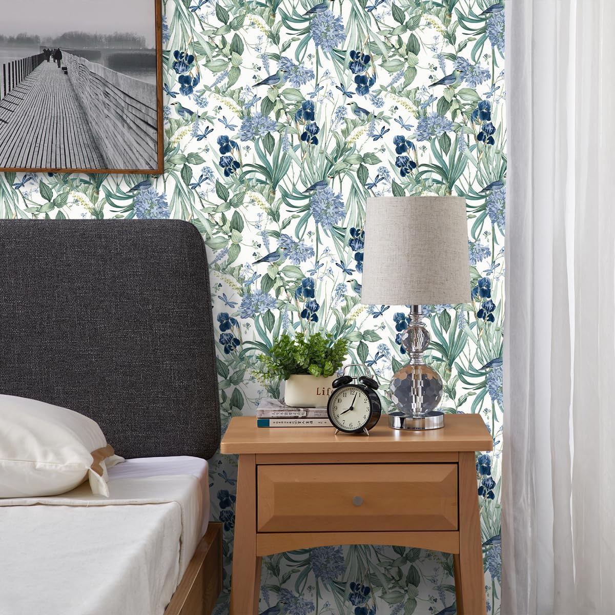 Floral Wallpaper Peel and Stick Flower Bird Blue Vinyl 17in x 118in