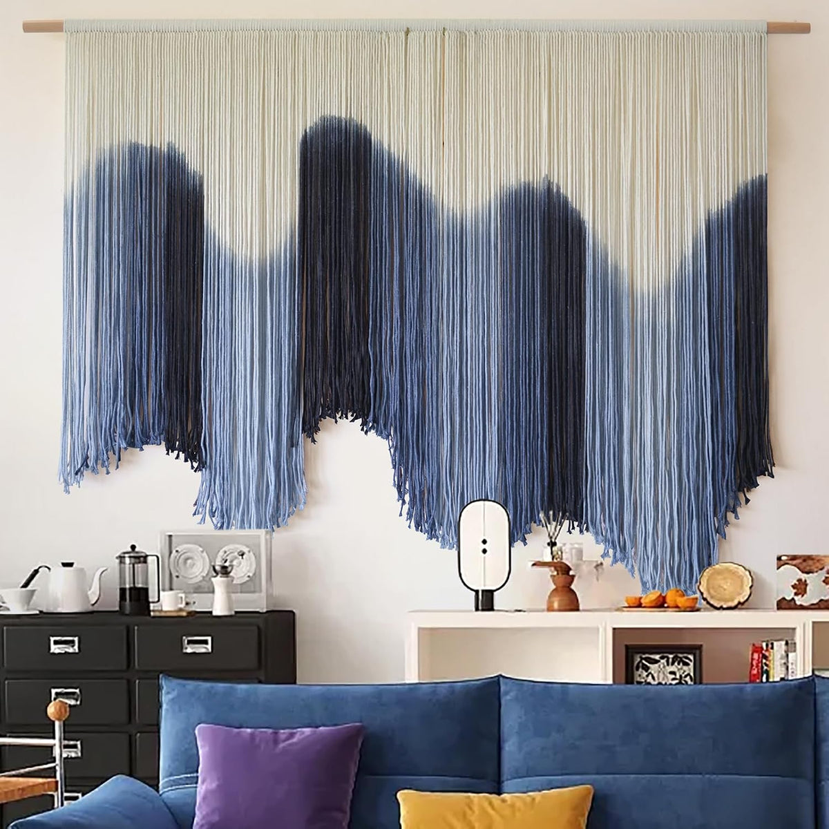 Macrame Wall Hanging Blue Large Hand-Dyed Ombre Fiber Tapestry 57"W*39"L
