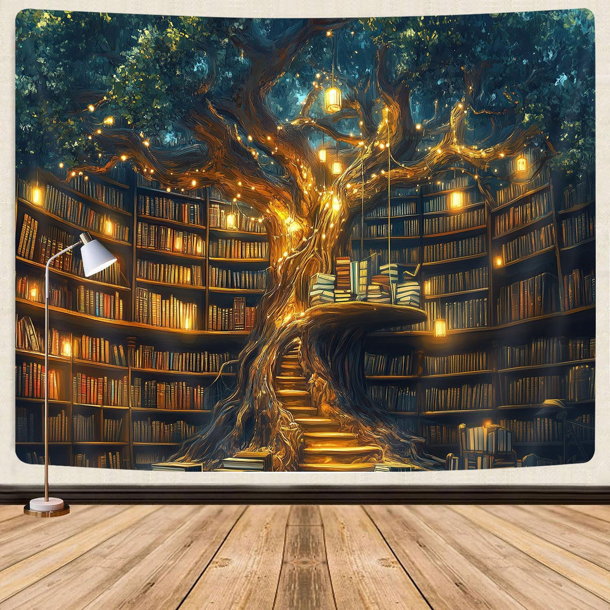 GOAOK Fantasy Library Tapestry For Classroom, Mysterious Tree Magic Bookshelf Aesthetic Tapestries, Witchy Fairytale Tree Vintage Bookshelf Book Art Tapestry Wall Hanging College Room Bedroom, 60"X40"