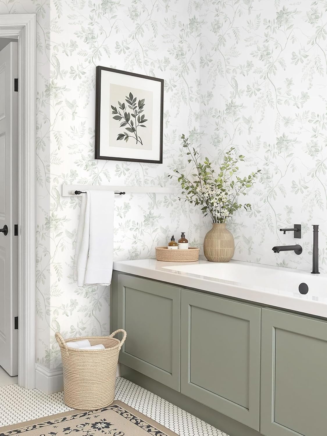 Dimoon 17.3''x78.7'' Green Peel and Stick Wallpaper Floral Modern Sage Light Green Contact Paper White Bird Wallpaper Removable Renter Friendly Waterproof Embossed Kitchen Bedroom Bathroom Vinyl Roll