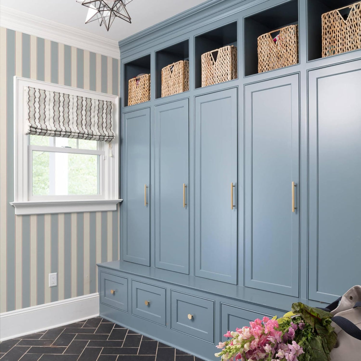 Blue and White Cream Striped Wallpaper Peel and Stick Self-Adhesive Removable Waterproof Wallpaper for Bedroom Kitchen Bathroom (Blue, 17.32"x 118.11")