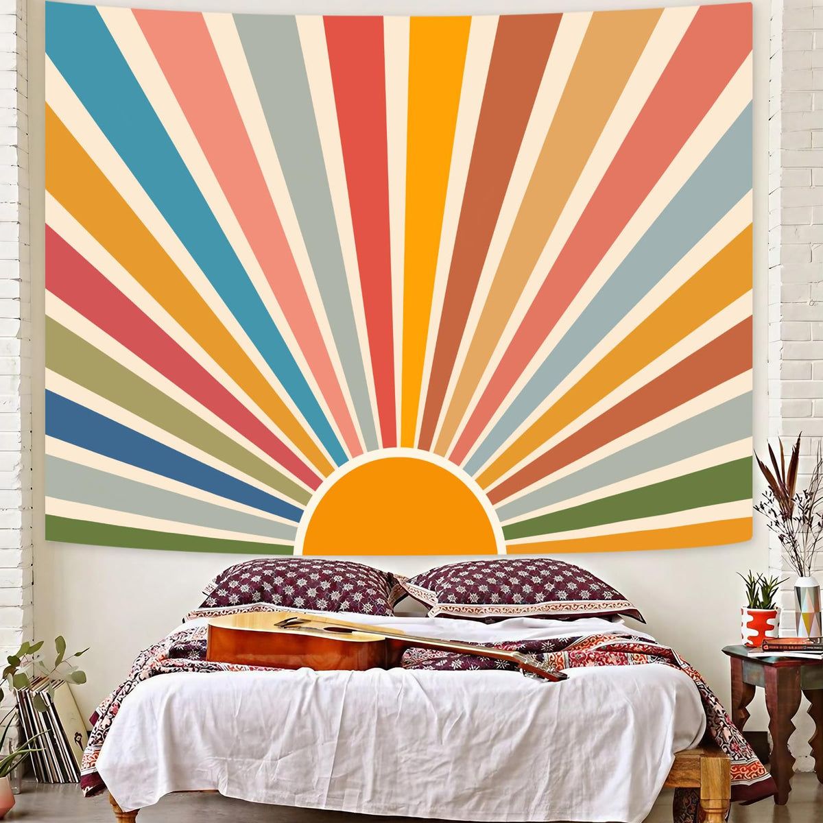 Kanuyee Boho Sun Tapestry Wall Hanging, Retro 70s Abstract Striped Aesthetic Sunrise Vintage Tapestries for Bedroom Living Room 36×48 inch