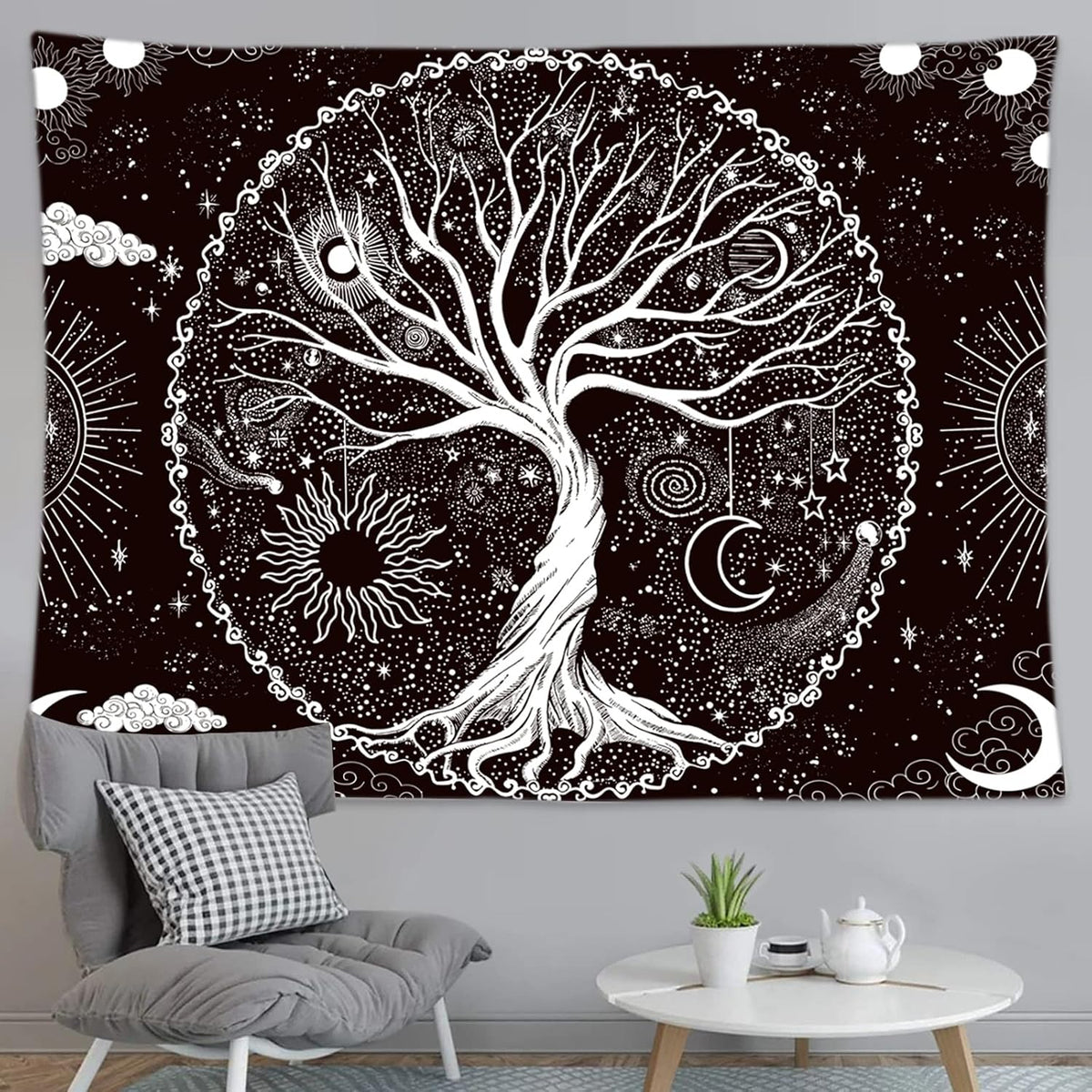 Wonrizon Tree of Life Tapestry,Black and White Galaxy Space Tapestries Aesthetic Psychedelic Wall Hanging decor for Living Room Bedroom (51.2" x 59.1")