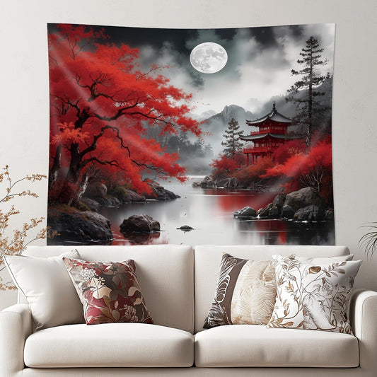 Cinbloo Japanese Anime Tapestry 59Wx51H Inch Black Red Mountain Plants Nature Asian Moon Landscape Vintage Dark Gray Modern Wall Hanging Natural Men Classroom Home Dorm Decor Art Living Room Bedroom