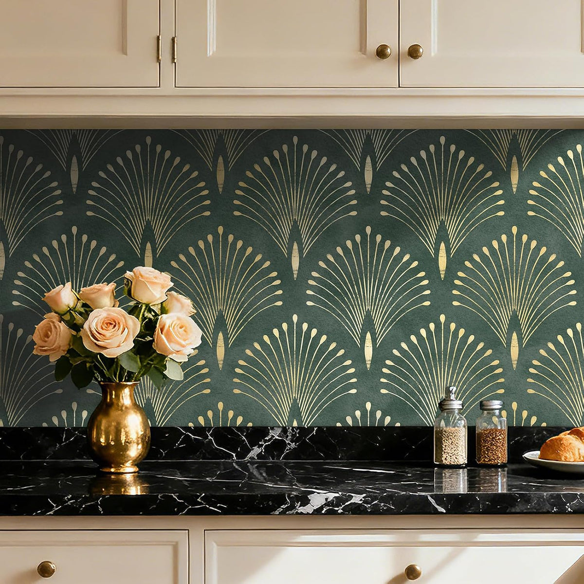 17.5x393 Art Deco Peel and Stick Wallpaper Geometric Dark Green and Gold Wallpaper for Bathroom Living Room Accent Wall Cover Waterproof Classy Vinyl Contact Paper for Cabinets Shelf Liner