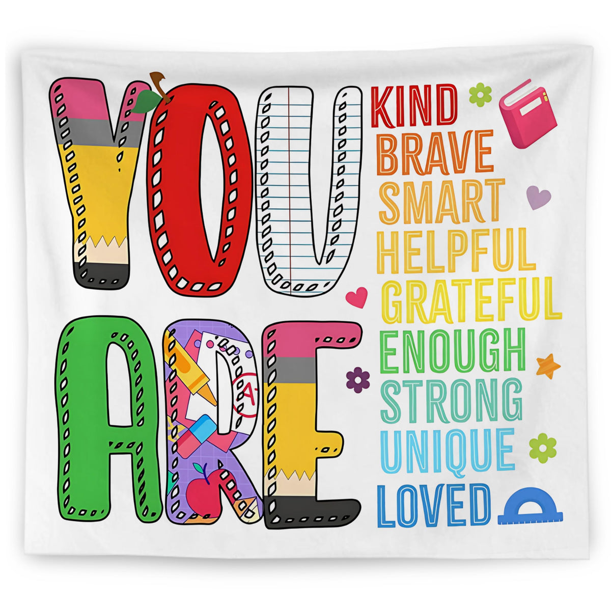 WNAGT Positive Affirmations for Kids Tapestry Wall Hanging, Kids Affirmation Wall Decor, You Are Kind Brave Smart Inspirational Wall Blanket Decor for Kid Room Classroom Nursery Playroom, 50x60 Inch