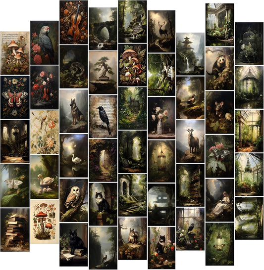 TWNSLLA Dark Cottagecore Decor,Cottagecore Wall Decor Dark Academia Aesthetic Pictures,Moody Forest Mushroom Wall Art,Grunge Wall Collage Kit,Vintage Nature Posters Animal Pictures for Bedroom Dorm,Unframed,4x6inch,50pcs