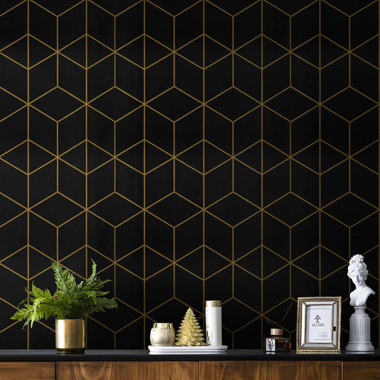 Safiyya 118" x 17.3" Gold and Black Wallpaper Geometric Contact Paper Peel and Stick Wallpaper Removable Self Adhesive Contact Paper for Cabinets and Walls Vinyl Rolls