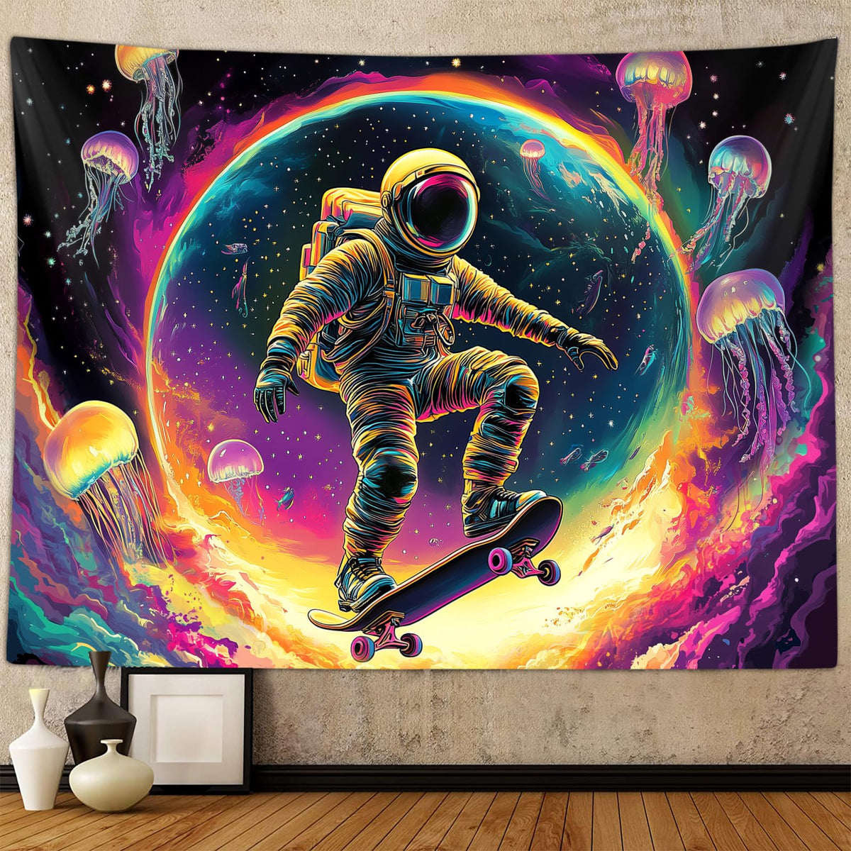 Sanzugh Funny Space Astronaut Alien Tapestry for Men Guys Bedroom, Cool Trippy Universe Planet Art Tapestries Wall Hanging College Dorm Boys Room Decor 60"X40", Psychedelic Blacklight Galaxy Poster