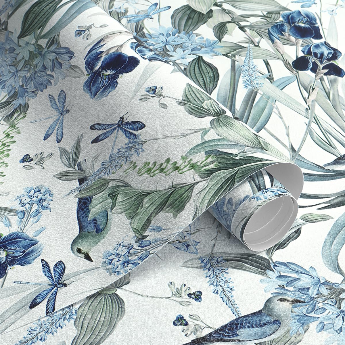 Floral Wallpaper Peel and Stick Flower Bird Blue Vinyl 17in x 118in