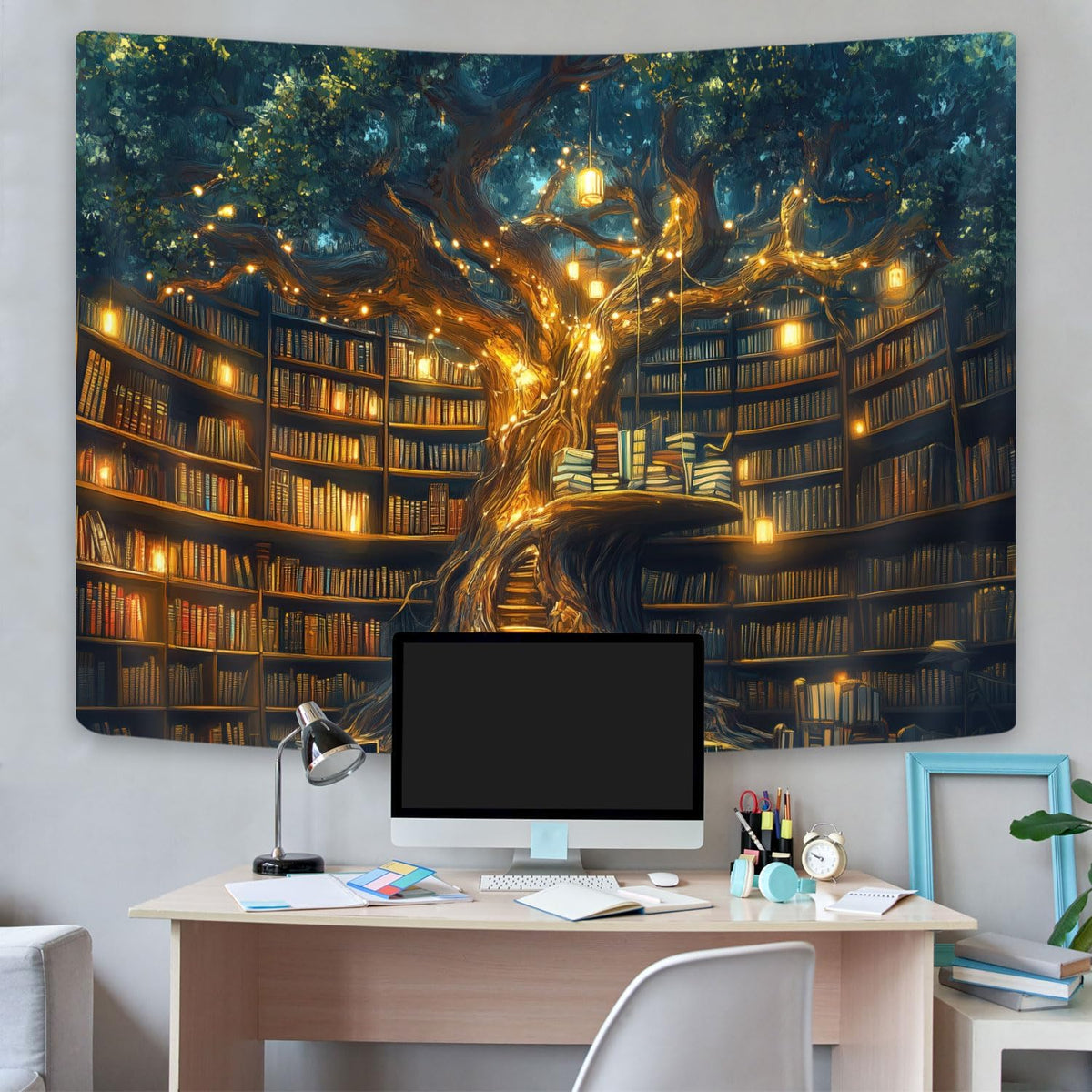 GOAOK Fantasy Library Tapestry For Classroom, Mysterious Tree Magic Bookshelf Aesthetic Tapestries, Witchy Fairytale Tree Vintage Bookshelf Book Art Tapestry Wall Hanging College Room Bedroom, 60"X40"