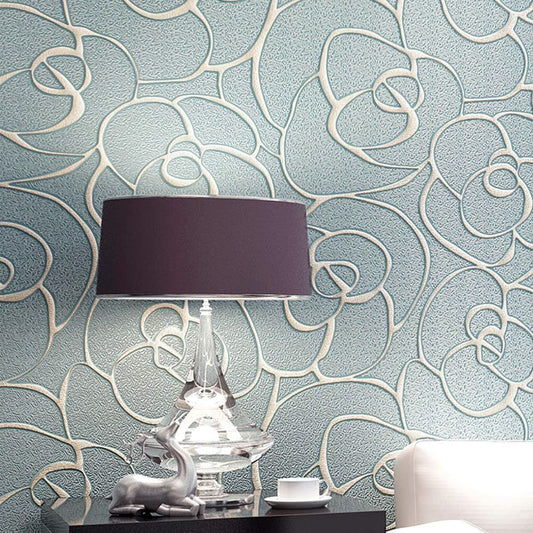Q QIHANG Modern Minimalist Embossed 3D Rose Flower Wallpaper, Light Blue