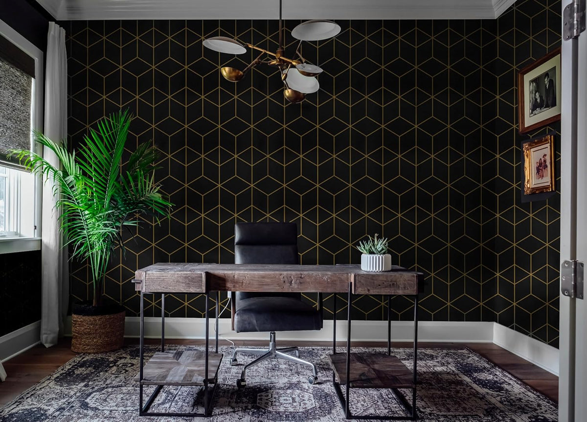 Safiyya 118" x 17.3" Gold and Black Wallpaper Geometric Contact Paper Peel and Stick Wallpaper Removable Self Adhesive Contact Paper for Cabinets and Walls Vinyl Rolls