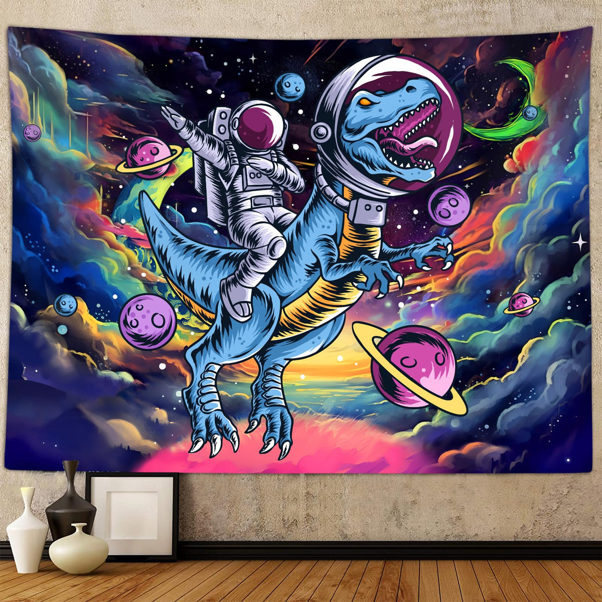 Sanzugh Funny Space Astronaut Alien Tapestry for Men Guys Bedroom, Cool Trippy Universe Planet Art Tapestries Wall Hanging College Dorm Boys Room Decor 60"X40", Psychedelic Blacklight Galaxy Poster