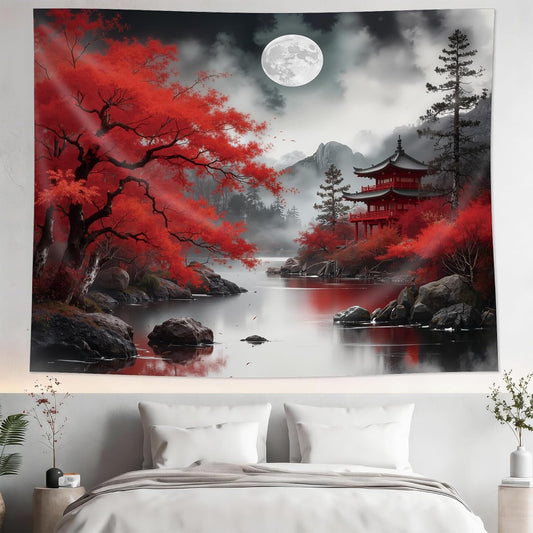 Cinbloo Japanese Anime Tapestry 59Wx51H Inch Black Red Mountain Plants Nature Asian Moon Landscape Vintage Dark Gray Modern Wall Hanging Natural Men Classroom Home Dorm Decor Art Living Room Bedroom