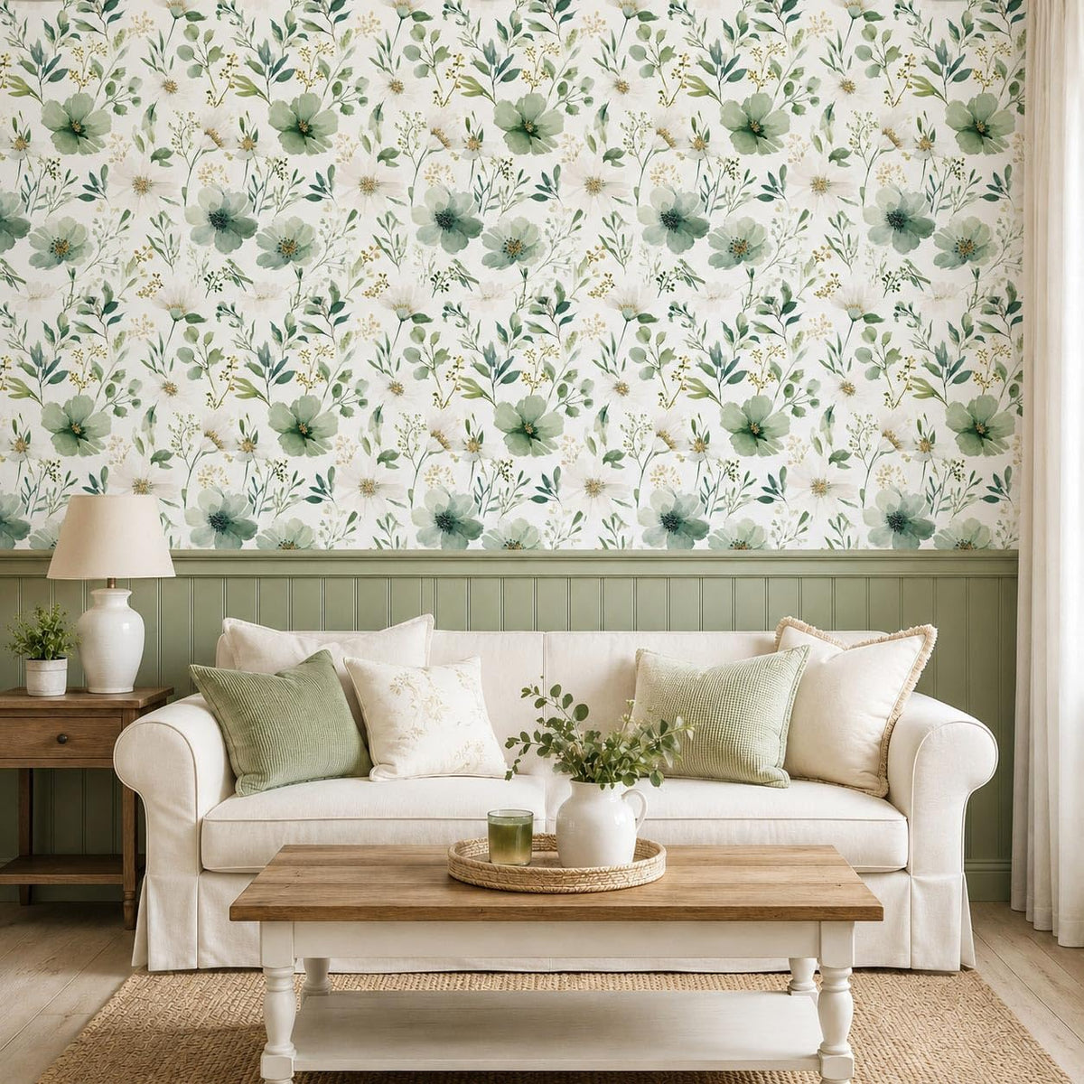 Sage Green Floral Peel and Stick Wallpaper 17.7" x 118"