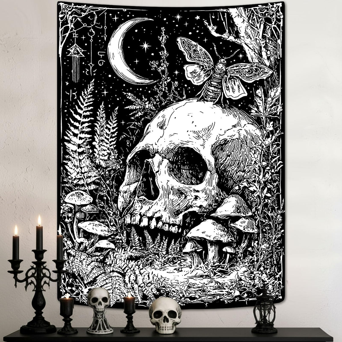 Lifeella Skull Tapestry, Gothic Horror Moon Skeleton Mystic Dark Tapestries for Bedroom Grunge Wall Hanging Black and White 36 x 48 inch