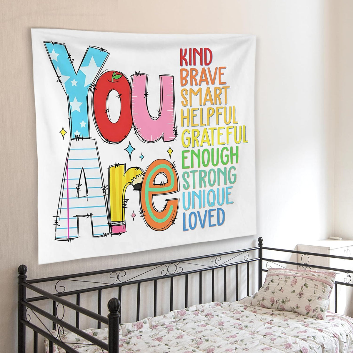 WNAGT Positive Affirmations for Kids Tapestry Wall Hanging, Kids Affirmation Wall Decor, You Are Kind Brave Smart Inspirational Wall Blanket Decor for Kid Room Classroom Nursery Playroom, 50x60 Inch