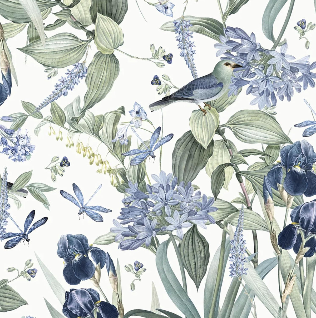 Floral Wallpaper Peel and Stick Flower Bird Blue Vinyl 17in x 118in
