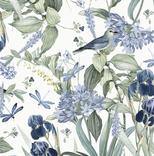 Floral Wallpaper Peel and Stick Flower Bird Blue Vinyl 17in x 118in