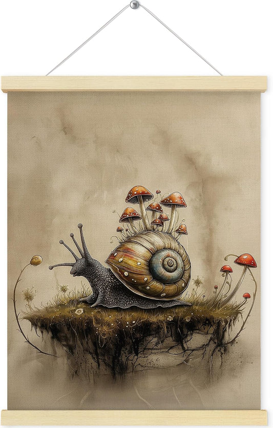 QEJ Vintage Boho Snail Mushroom Wall Art Decor, Moody Snail Canvas Poster Hanger Frame, Cottagecore Floral Botanical Wall Decorations for Bedroom Living Room Home Decor, 12x16 Inch