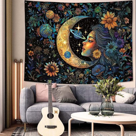 Accnicc Sun and Moon Tapestry for Bedroom Hippie Boho Floral Flower Plant Wall Tapestry Aesthetic Vintage Galaxy Celestial Star Spiritual Large Tapestries Wall Hanging for Living Room Dorm 48 x 36 Inch