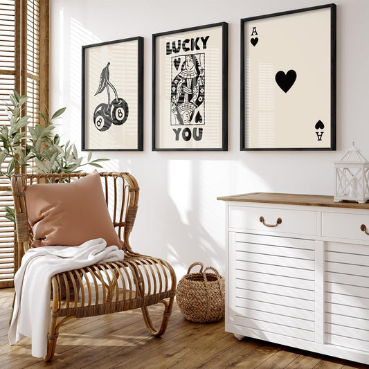 Heiple Framed Set of 3 Poker Wall Art Lucky You Poster, Trendy Retro Print Wall Decor for Queen of Hearts Wall Art Rustic Vintage Farmhouse Home Wall Decor（Black 12"x16"）