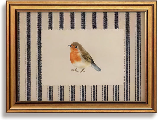 Vintage Gold Framed Bird Wall Art for Cottagecore Decor, Robin Illustration Canvas Prints, Striped Nature Artwork, Animal Oil Printings Pictures Wall Decor for Kids Room Bedroom 8x10 Inch