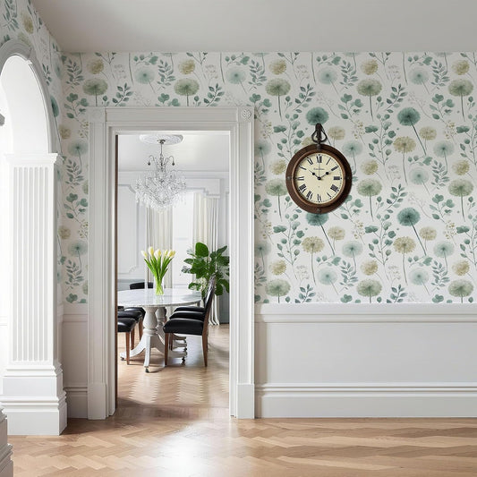 Modern Sage Green Dandelion Peel and Stick Wallpaper 17.7"x78.7"