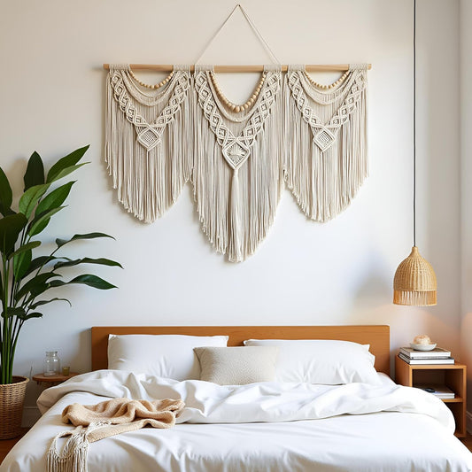 guzhiou large macrame wall hanging - Boho Tapestry Macrame Wall Decor Art- Chic Bohemian Handmade Woven Tapestry Home Decoration for Bedroom Living Room Apartment Wedding Party - 43"x32" (Wood bead)