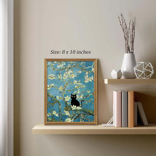 Fantasy Artists Van Gogh's Almond Blossom Funny Black Cat Canvas Wall Art, Oil Painting Posters Home Decor, Vintage Abstract Aesthetic Wall Decorations for Living Room Bedroom, 8" X 10"