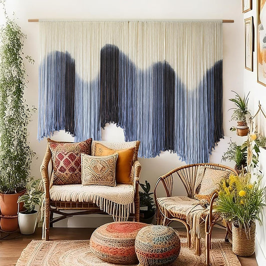 Macrame Wall Hanging Blue Large Hand-Dyed Ombre Fiber Tapestry 57"W*39"L