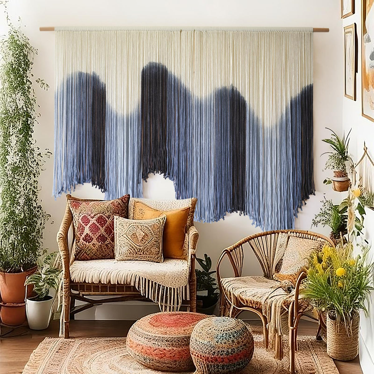 Macrame Wall Hanging Blue Large Hand-Dyed Ombre Fiber Tapestry 57"W*39"L