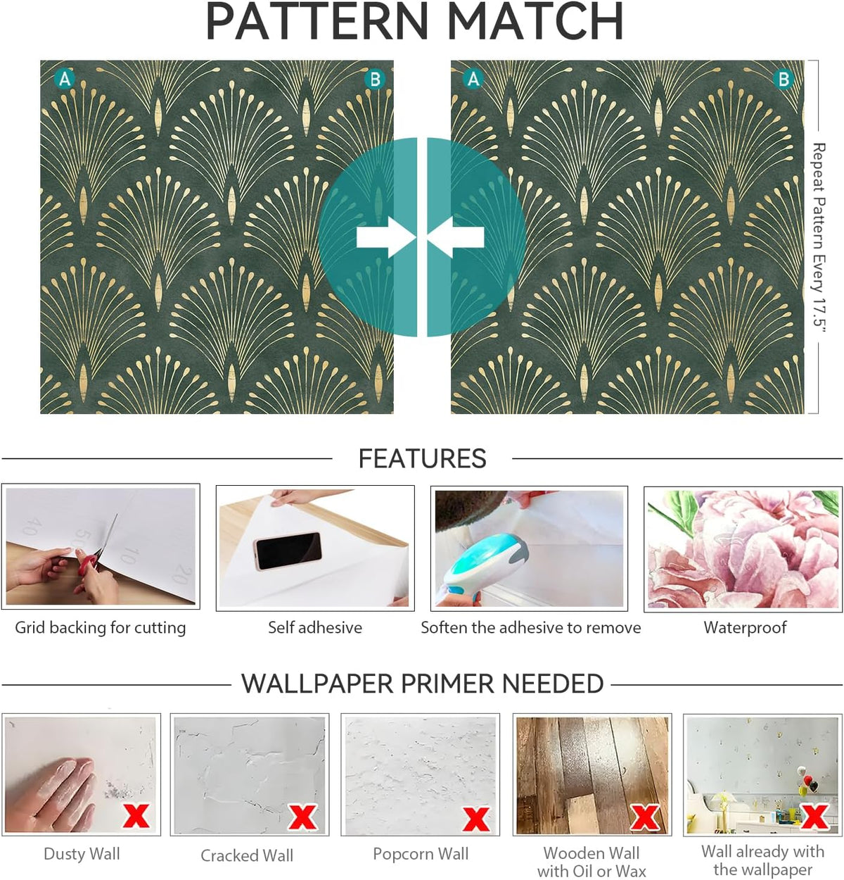 17.5x393 Art Deco Peel and Stick Wallpaper Geometric Dark Green and Gold Wallpaper for Bathroom Living Room Accent Wall Cover Waterproof Classy Vinyl Contact Paper for Cabinets Shelf Liner
